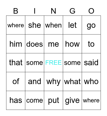 Sight Words Bingo Card