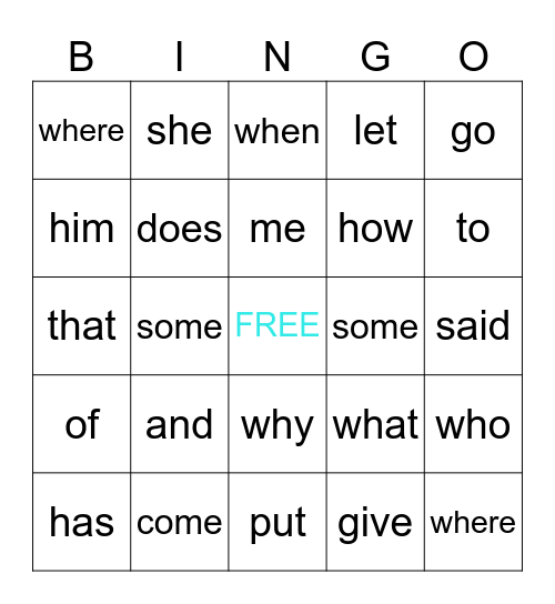 Sight Words Bingo Card