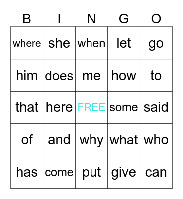 Sight Words Bingo Card