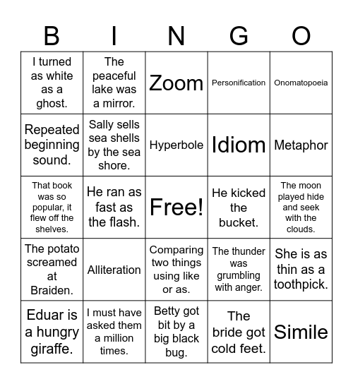 Figurative Language Bingo Card