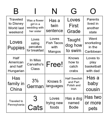 Find the Classroom Family Member Bingo Card