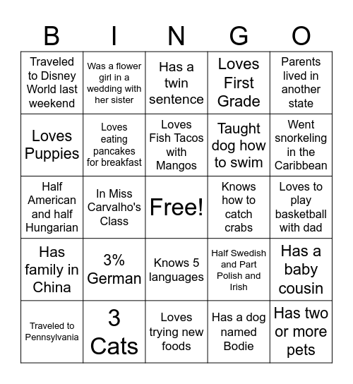 Find the Classroom Family Member Bingo Card