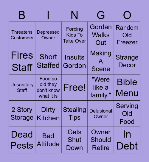 Kitchen Nightmares Bingo Card