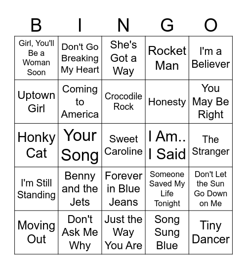 Neil Diamond, Elton John, & Billy Joel Bingo Card