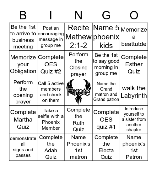 Phoenix Bingo  Bingo Card