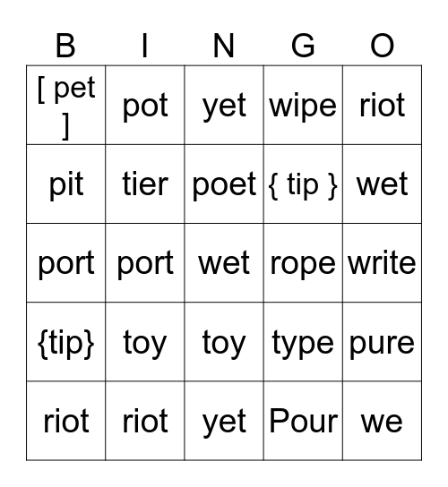 Upper Row Words Bingo#1 Bingo Card