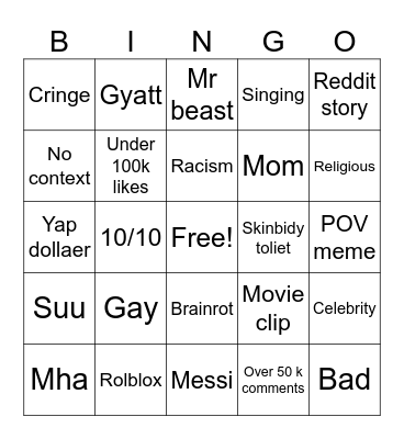 YouTube shorts Bingo Card