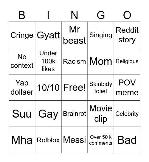 YouTube shorts Bingo Card