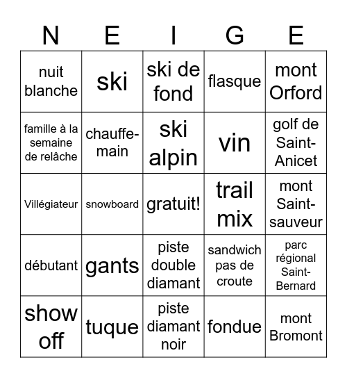 Après Ski Bingo Card