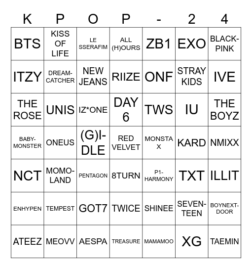 KPOP 2024 Bingo Card