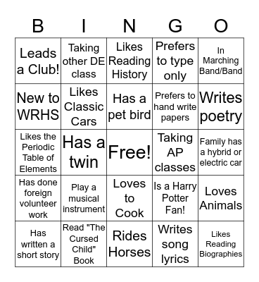 Names of Classmates Bingo Card