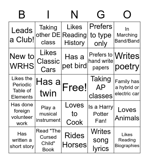 Names of Classmates Bingo Card