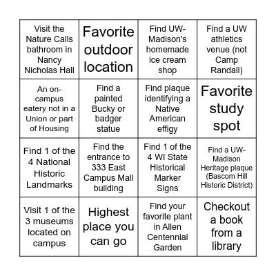 Campus Explorer Bingo Card