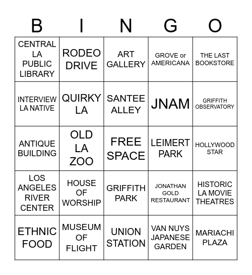 Los Angeles Bingo Card