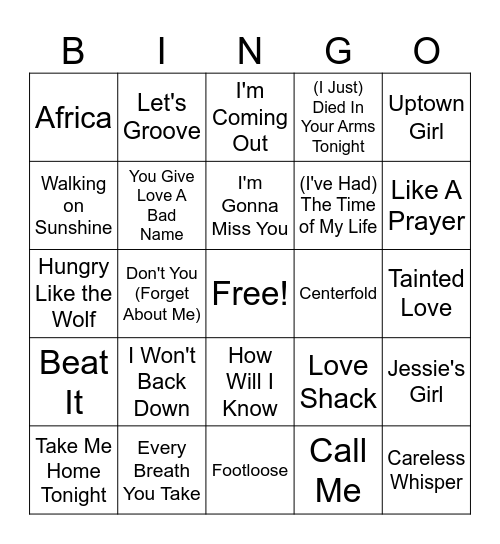 80's Bingo Card