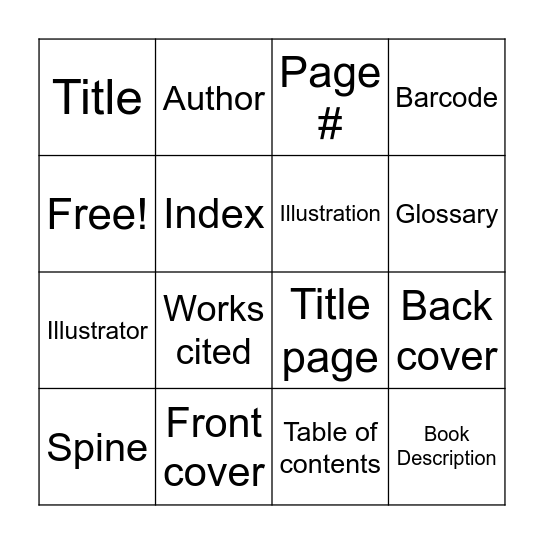 Parts of a book Bingo Card