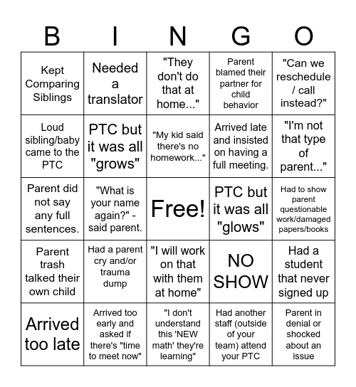 Parent Teacher Conferences 2024 Bingo Card