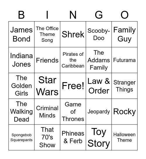 Theme Song Bingo Card