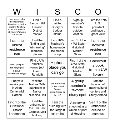 Campus Explorer Wisco Bingo Card