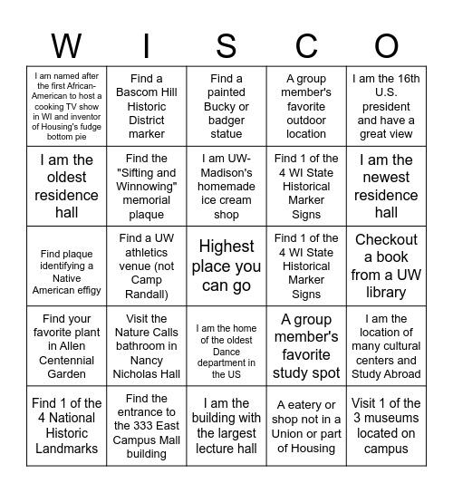 Campus Explorer Wisco Bingo Card