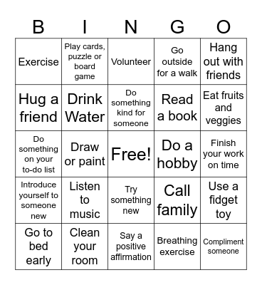 Mental Fitness Bingo Card