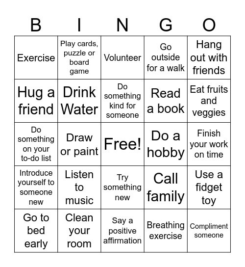 Mental Fitness Bingo Card