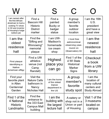 Campus Explorer Wisco Bingo Card