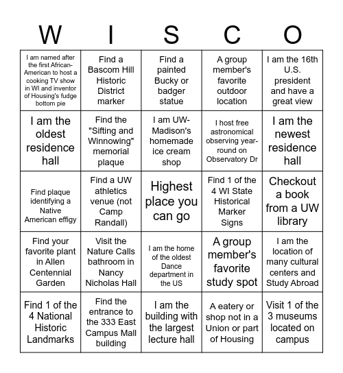 Campus Explorer Wisco Bingo Card