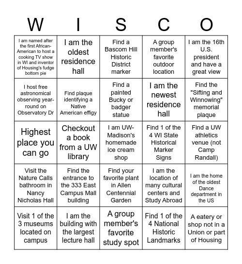 Campus Explorer Wisco Bingo Card