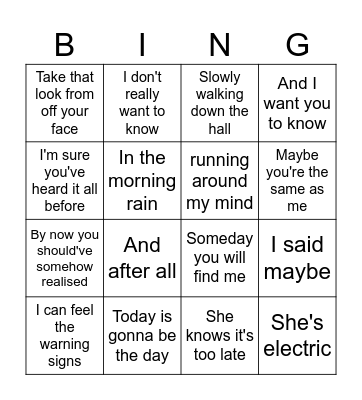 Oasis PTM Bingo Card