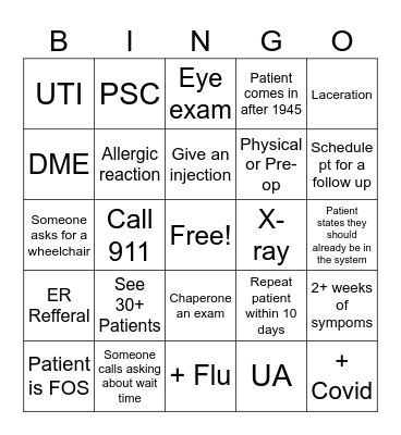 Urgent Care Bingo Card