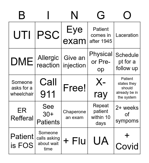 Urgent Care Bingo Card