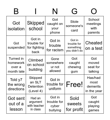 School Bingo Card