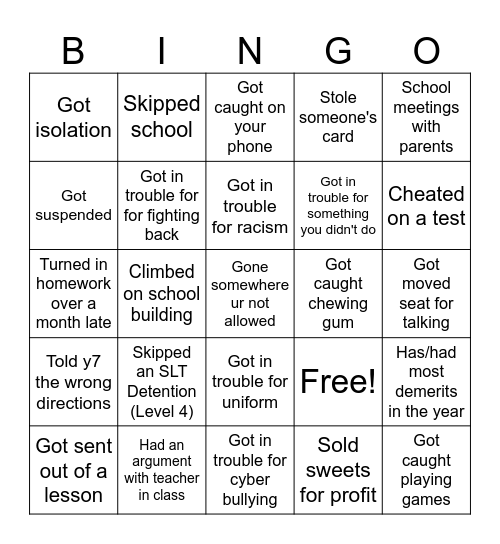 School Bingo Card