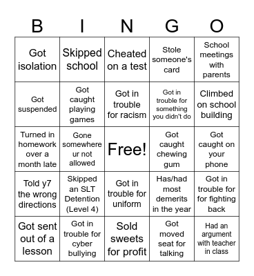School Bingo Card