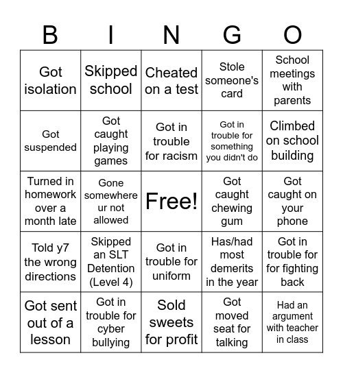 School Bingo Card