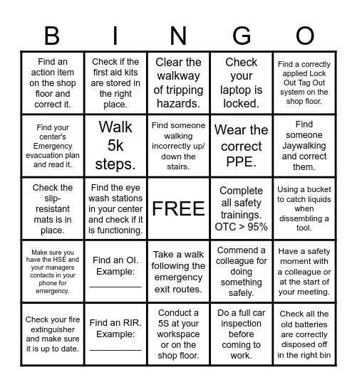 KTC SAFETY BINGO Card