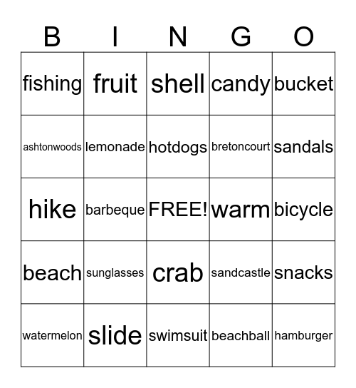 Summer Bingo!!! Bingo Card