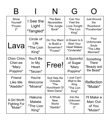 Disney Songs Bingo Card