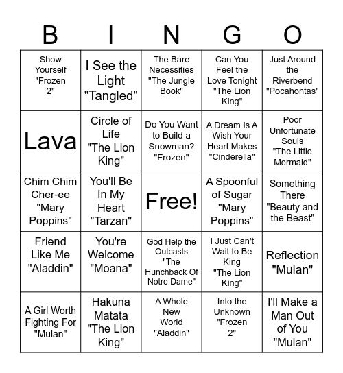 Disney Songs Bingo Card