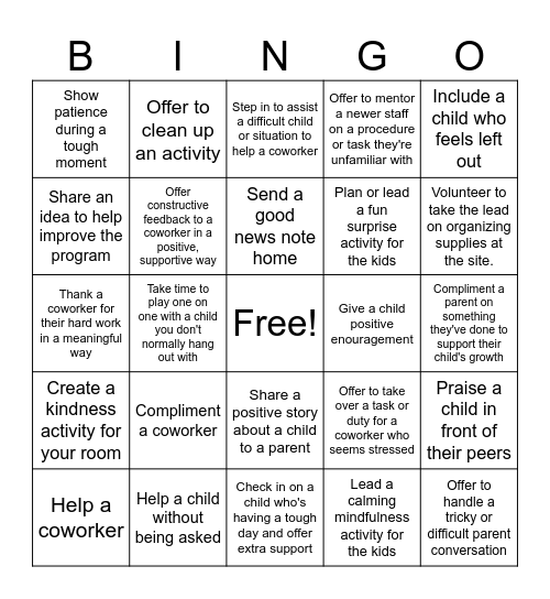 PC Kindness Bingo Card