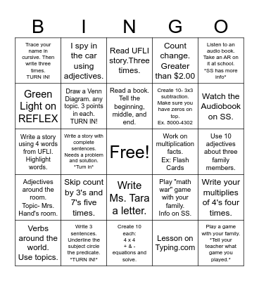 3rd Grade Homework Bingo Card