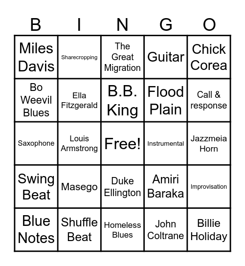 Blues & Jazz Bingo! Bingo Card