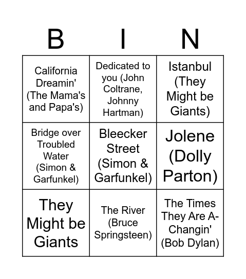 Musical Bingo Card