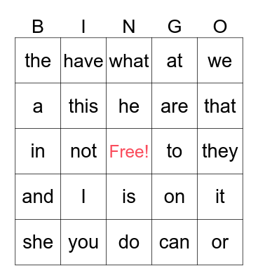 Sight Words Bingo Card