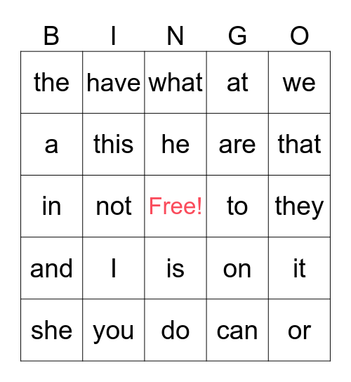 Sight Words Bingo Card