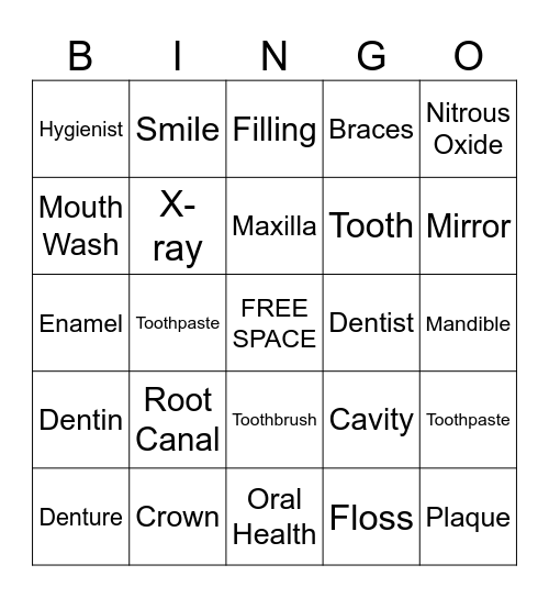 Dental Bingo Card