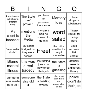 Defense attorneys defending the impossible Bingo Card