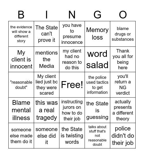 Defense attorneys defending the impossible Bingo Card
