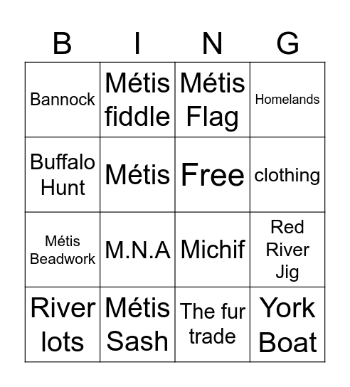 Métis Culture Bingo Card